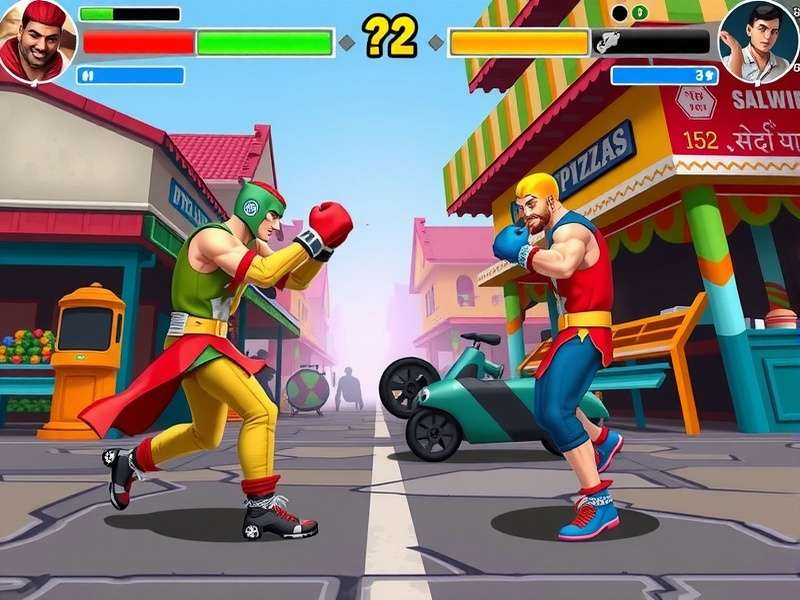 Pune Power Puncher game screenshot showing two characters fighting in a colorful Indian market setting